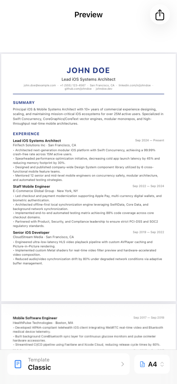 CVBuilderKit Resume PDF Preview on iOS
